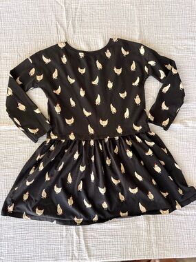 Tea Collection Black Dress with Cream Chicken Print